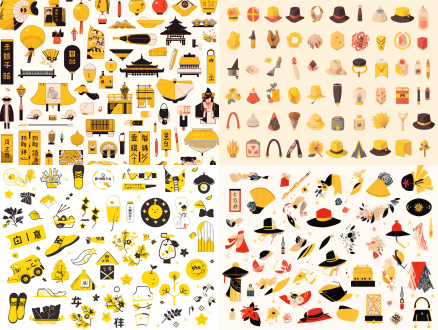 美妆素材，小帽子，小鞭炮，各种贴纸等 极简主义 卡通 平面复古 街头涂鸦风格 平面小说 日本版画 法国艺术 办公室 白黄 图标集设计 多姿势角色 v杂志 极简 优雅风 运动风 文艺复兴