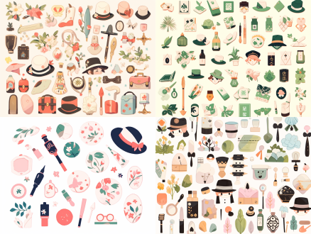 美妆素材，小帽子，小鞭炮，各种贴纸等 极简主义 卡通 平面复古 街头涂鸦风格 平面小说 日本版画 法国艺术 办公室 图标集设计 多姿势角色 v杂志 极简 优雅风 运动风 文艺复兴 樱桃 白绿 粉彩色 象牙白 枫叶红 浅绿