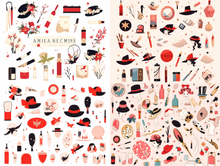 美妆素材，小帽子，小鞭炮，口红，拉花，标签，各种线条组合，各种贴纸等 极简主义 卡通 平面复古 街头涂鸦风格 平面小说 日本版画 法国艺术 办公室 图标集设计 多姿势角色 v杂志 极简 优雅风 运动风 文艺复兴 樱桃 白绿 粉彩色 象牙白 枫叶红 浅绿