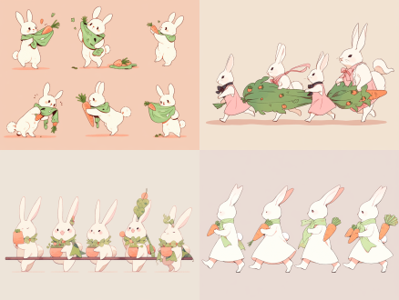 插画可爱的小兔子在拔萝卜，穿着粉色裙子，各种姿势动作夸张，表情丰富 极简主义 卡通 平面复古 街头涂鸦风格 平面小说 日本版画 法国艺术 办公室 多姿势角色 v杂志 极简 优雅风 运动风 文艺复兴 樱桃 白绿 粉彩色 象牙白 枫叶红 浅绿 全身角色 漫威漫画 构建主义 旷野之息