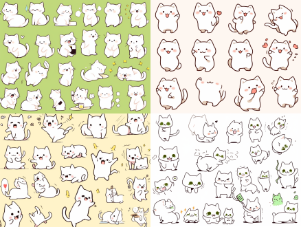 白色小猫贴纸，多种动作表情，虚线折线，快乐小猫，基思·哈林风格涂鸦，马克笔插画，线条画，表情包括快乐、生气、悲伤、哭泣、可爱、大笑、失望，细腻线条，柔和光线，高饱和色彩，卡通风格，温馨氛围，白色背景。