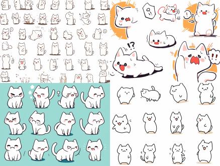 白色小猫贴纸，多种动作表情，虚线折线，快乐小猫，基思·哈林风格涂鸦，马克笔插画，线条画，表情包括快乐、生气、悲伤、哭泣、可爱、大笑、失望，细腻线条，柔和光线，高饱和色彩，卡通风格，温馨氛围，白色背景。