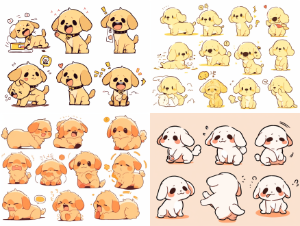 小花狗贴纸，穿着鲜艳的衣服，多种动作表情，虚线折线，快乐小狗，基思·哈林风格涂鸦，马克笔插画，线条画，表情包括开心、生气、悲伤、哭泣、可爱、大笑、失望，细腻线条，柔和光线，高饱和色彩，卡通风格，温馨氛围，白色背景。