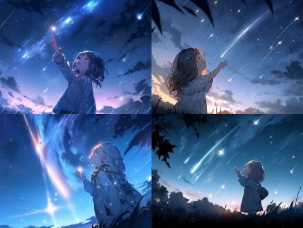 小女孩仰望流星，居中构图，星空下，冷色调，标准镜头，顶光，双手合十，憧憬，静谧，幸福。