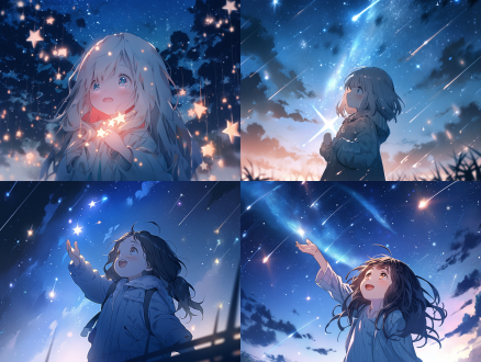 小女孩仰望流星，居中构图，星空下，冷色调，标准镜头，顶光，双手合十，憧憬，静谧，幸福。