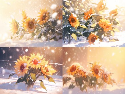 温暖的阳光下有向日葵花，中心构图，雪景，浪漫风格，长焦镜头，柔和光线，雪花飘落，温馨。