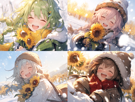 温暖的阳光下小女孩对着向日葵花大笑，中心构图，雪景，浪漫风格，长焦镜头，柔和光线，雪花飘落，温馨。