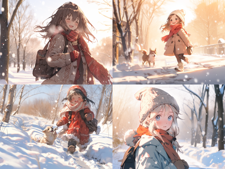 温暖的阳光下小女孩走路带风，走得很快，很开心，中心构图，雪景，浪漫风格，长焦镜头，柔和光线，雪花飘落，温馨。