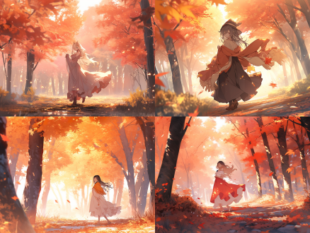 女生在枫树林下漫步，背景照，中景构图，枫叶飘落，暖秋色调，柔和光线，长裙随风动，宁静表情，长焦镜头，逆光，慢步，唯美。