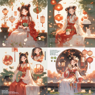 1. 主题与氛围：“古风仙境，春日午后，阳光斑驳洒落” 2. 人物特征：“红衣少女，灵动双眸，笑靥如花，俏皮可人” 3. 服饰细节：“精致绣花红裳，轻纱曼舞，裙摆随风轻扬，金线勾勒边缘，增添华贵之气” 4. 发型与配饰：“乌黑长发，编成双环髻，点缀几朵桃花簪，流苏摇曳生姿；耳畔挂着小巧玉坠，步履间清脆悦耳” 5. 动作与姿态：“手持纸扇半遮面，或跳跃于青石小径上，裙裾飞扬，尽显活泼之态；亦可回眸一笑，眼神中充满好奇与喜悦” 6. 背景环境：“古木参天，竹林幽静，小桥流水人家，远处山峦叠翠，云雾缭绕，营造出一幅世外桃源般的画面” 7. 光影效果：“柔和的自然光从树叶间隙洒下，形成光斑与阴影的交错，为画面增添层次感和立体感” 8. 色彩搭配：“以红色为主色调，辅以绿色、金色等暖色系，营造出温暖而又不失高雅的氛围” 9. 情感表达：“强调少女的纯真无邪与对生活的热爱，通过表情和动作传达出她的快乐与自由” 贴纸