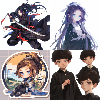 cute boy ，cool,(alternate word for subject or character), black hanfu，die-cut sticker, white border, clean background,popmat style,3d rendering,best quality,8k,