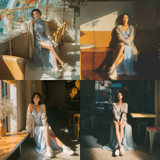 东方美女着浅蓝高开叉长裙配米色开衫白鞋，坐淮海路咖啡馆，低10度前拍，暖光，交叉腿，现代都市风，高分辨率。