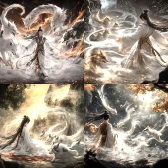 帮我生成图片：请画一张东北五仙从一个东北孩子身上出来的图片，五仙分别为狐黄白柳灰气氛要仙气飘飘，孩子要弱小，构图参考杨戬的法相天地，孙悟空的法相天地，仙家以幻象，残影出现要霸气豪横，孩子为现代孩子，仙家从孩子身体里身后由烟雾为介质像魂魄一样浮现出来，仙家头部为狐狸，黄鼠狼，刺猬，蟒蛇，老鼠的头结合，仙家为虚化的，不是实体，类似由光构成的神像显现