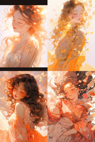 女，亚洲女性，少女，大波浪发型，细腻的笔触，飞扬的发丝，花与少女，温暖，阳光，橙色调，勾线，描边清晰，微风，晶莹剔透，光点