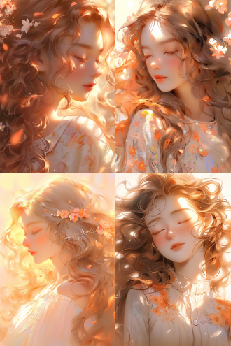 女，少女，脸部特写，大波浪发型，细腻的笔触，飞扬的发丝，花与少女，温暖，阳光，橙色调，勾线，描边清晰，微风，晶莹剔透，光点