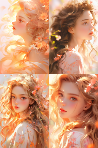 女，少女，睁开眼，脸部特写，大波浪发型，细腻的笔触，飞扬的发丝，花与少女，温暖，阳光，橙色调，勾线，描边清晰，微风，晶莹剔透，光点