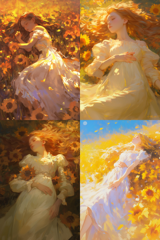 油画风格，爱马仕橙色色系，十八岁的女孩，穿着闪闪发光的华丽白色连衣裙，躺在盛开着橙色向日葵的花丛中，有一种柔和的梦幻气氛，柔和的月光，浪漫主义，莫奈，超现实主义，明暗对比，运动模糊