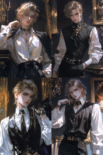 男青年，上半身，金色头发，复杂精致背景，欧式风格室内装潢