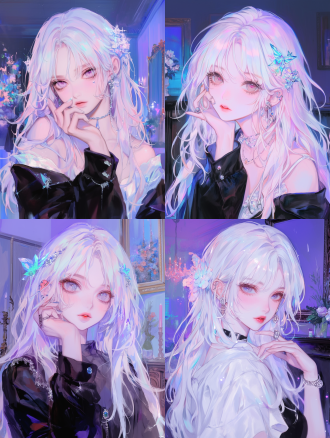 长发女孩，上半身，紫色系，精致的五官，长睫毛，巴洛克风格家具，室内背景