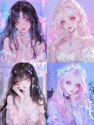 长发女孩，上半身，粉紫配色，渐变，梦幻优雅，巴洛克风格服装，蕾丝，精致的五官，长睫毛，巴洛克风格家具，室内背景