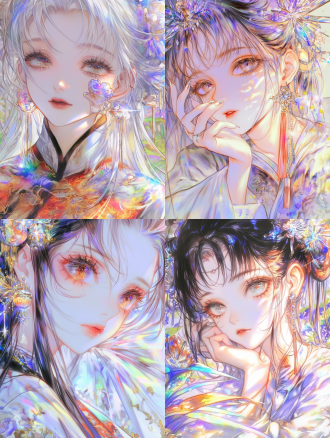 人物半身像，红色调，光芒，新年，烟花，中国风，多彩，绚丽，五光十色，彩虹镭射，晶莹透亮