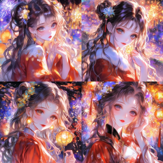 女，金色双马尾长卷发，红色调，新年，烟花，中国风，多彩，绚丽，晶莹透亮