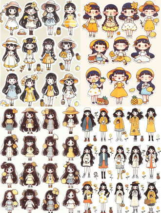 q版可爱卡通形象女孩贴纸，穿着不同服装，花朵，面包，菠萝，柠檬，简单画法，干净线条，形象可爱，矢量风格，白色背景，高分辨率，卡通贴纸设计