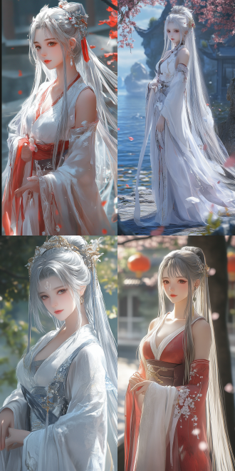 超清渲染动漫风格中国少女，银色长发，汉服连衣裙，温柔自信，全身角色，自然色调，远景透视，高亮细节，古装风格，静态放松，高清画质，细腻纹理，柔和光线，唯美氛围。