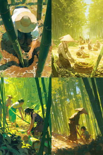 春笋节挖笋场景，竹子环绕，特写镜头，三分法构图，春日森林，自然光，黄绿主调，兴奋动作，清新氛围。