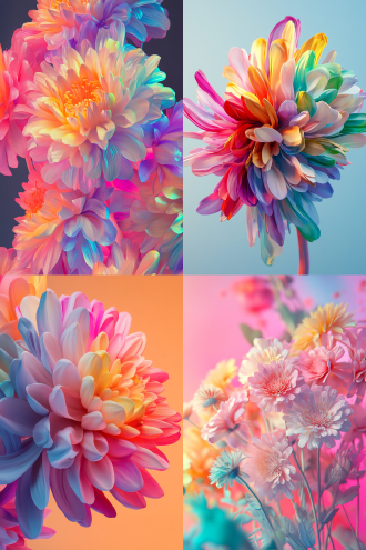 rainbow gradient bloom, rendered in cinema 4 d, trending on artstaton, dandelions, mit technology review, ash thorp, flora, part petra cortright, unreal rendered, paper chrysanthemums, fuchsia, by joe mangrum, by thomas furlong, by cedric seaut (keos masons)