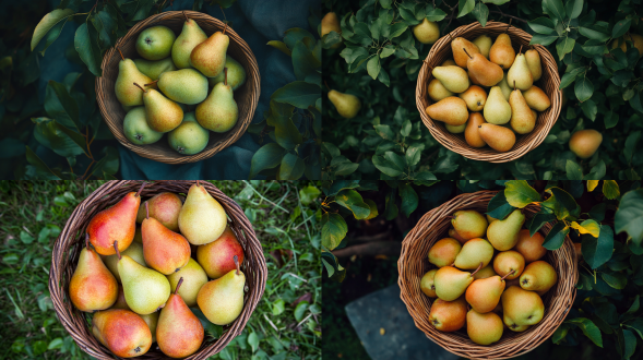 一筐梨，俯视图，圆形布局，清晰细节，果园背景，自然光，微距镜头，鲜艳色彩，新鲜感，宁静。