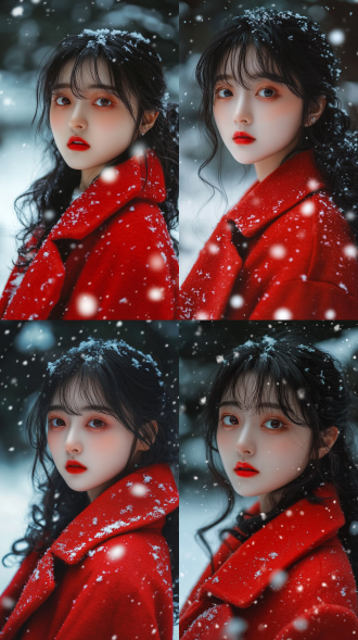静冷雪野中红毛呢大衣年轻女子静立，黑卷发沾雪，淡妆红唇，神色静且忧，32k高清，长焦，顶光，雪景，沉思。 全身 极限特写 特写