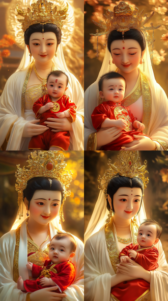 柔和黄灯背景下，面容祥和带慈悲微笑的观音，戴莲花珠宝冠，着金边白袍，抱穿红福字衣婴儿，32k高清，神圣，暖光。 居中构图 特写