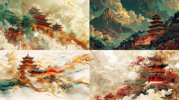 wutai mountain architecture, chinese temple sacred sense, gold, surrealist illustration, chinese art style game scene, colorful cloud, white, spiral light pattern, brown, chinese red, green yellow, beige, reddish-brown, high saturation, color diffusion ripple, rich color diffusion, extremely fine strokes, victo ngai style, rich color, hyperfine, uhd, 16k
