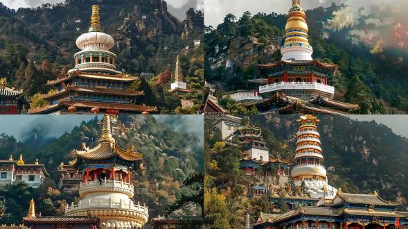 wutai mountain architecture, the flying goddess，chinese temple sacred sense, gold, surrealist illustration, chinese art style game scene, colorful cloud, white, spiral light pattern, brown, chinese red, green yellow, beige, reddish-brown, high saturation, color diffusion ripple, rich color diffusion, extremely fine strokes, victo ngai style, rich color, hyperfine, uhd, 16k