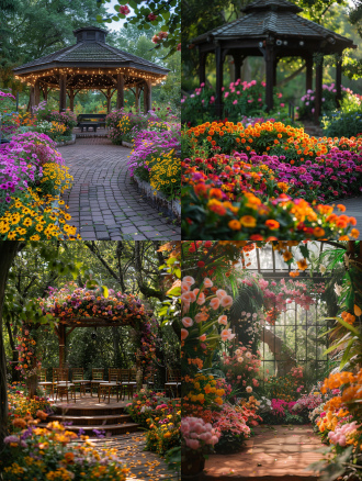 花卉包围舞台，圆形布局，绚丽多彩，户外花园，长焦镜头，柔和光线，慢速快门，盛开，优雅，宁静。