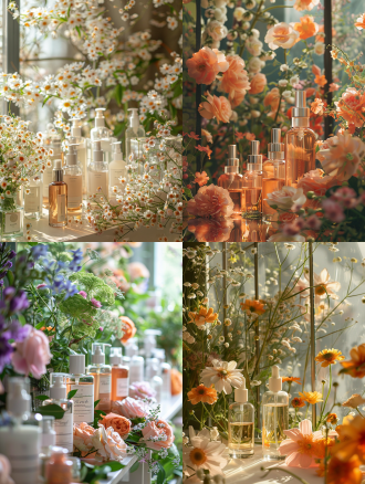 花卉包围展台，电商护肤品，对称构图，自然光，室内，微距镜头，柔和色调，清新，优雅，展台细节，花卉盛开，护肤品瓶身光泽。