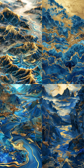 蓝金山水，细节丰富，广角镜头，流体摄影，传统风格，壮丽景色，电路板效果，发光，中国风，千山万水，3d插图，蓝金配色，壮丽，雄伟，丰富色彩。