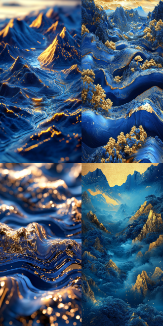 蓝金山水，细节丰富，广角镜头，流体摄影，传统风格，壮丽景色，电路板效果，发光，中国风，千山万水，3d插图，蓝金配色，壮丽，雄伟，丰富色彩。