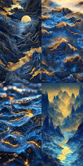 蓝金山水，细节丰富，广角镜头，流体摄影，传统风格，壮丽景色，电路板效果，发光，中国风，千山万水，3d插图，蓝金配色，壮丽，雄伟，丰富色彩。