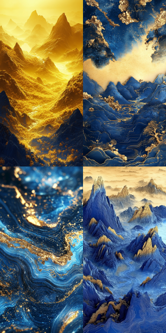 蓝金山水，细节丰富，广角镜头，流体摄影，传统风格，壮丽景色，电路板效果，发光，中国风，千山万水，3d插图，蓝金配色，壮丽，雄伟，丰富色彩。