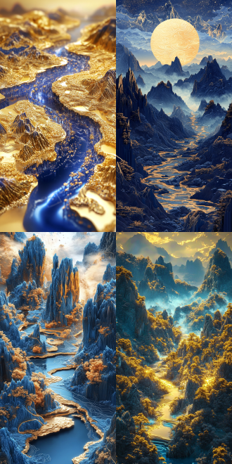 蓝金山水，细节丰富，广角镜头，流体摄影，传统风格，壮丽景色，电路板效果，发光，中国风，千山万水，3d插图，蓝金配色，壮丽，雄伟，丰富色彩。