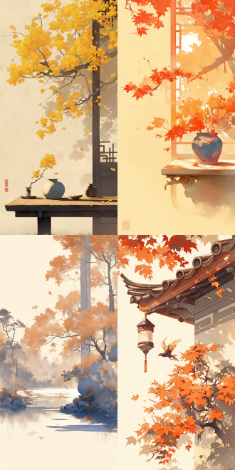 秋季，中国画，插画海报，节气，近景菊花，中国特色彩绘图案，山水留白，简约风格，桌子，柔和光线，自然环境，长焦镜头，淡雅色彩，枫树，宁静氛围，传统美学