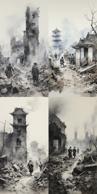 战争后的城市废墟，路旁站着难民，民国时期，中国，水墨画