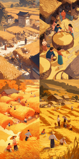 人们将粮食装进粮仓，古中国深秋场景，中心构图，暖色调，丰收喜悦，平面风格，侧光，中长焦镜头，庄重。