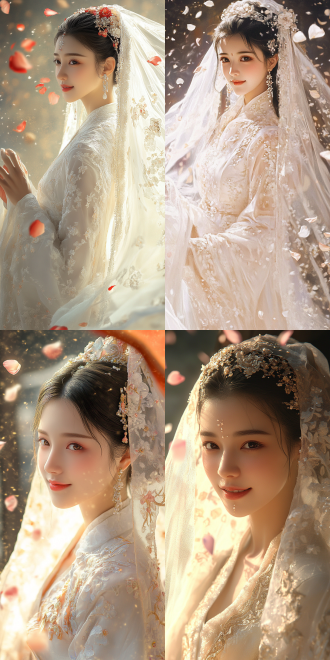 中国女人穿着婚纱，头纱，五官清晰，花瓣飘落，微笑。画面温馨，写实，超级细节，高质量，全身像，婚礼场景