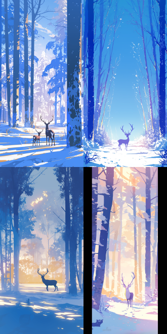 雾凇树林中鹿雪中行，极简构图留白，远视角，冷色调，长焦镜头，平光，慢步，淡雅动漫插画，对称构图，宁静，插画海报风格。 中式宣传画 扁平风格