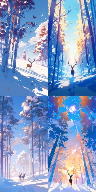 雾凇树林中鹿雪中行，覆盖白雪的松树，极简构图留白，远视角，冷色调，长焦镜头，平光，慢步，淡雅动漫插画，对称构图，宁静，插画海报风格。 中式宣传画 扁平风格