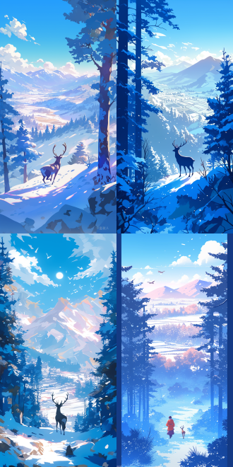 雾凇树林中鹿雪中行，覆盖白雪的松树，极简构图留白，远视角，冷色调，长焦镜头，远处模糊的山和梯田，平光，慢步，淡雅动漫插画，对称构图，宁静，插画海报风格。 中式宣传画 扁平风格