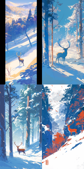 近景树林中鹿雪中行，覆盖白雪的松树，极简构图留白，远视角，冷色调，长焦镜头，远处模糊的桂林山水和梯田，平光，慢步，淡雅动漫插画，对称构图，宁静，插画海报风格。 中式宣传画 扁平风格